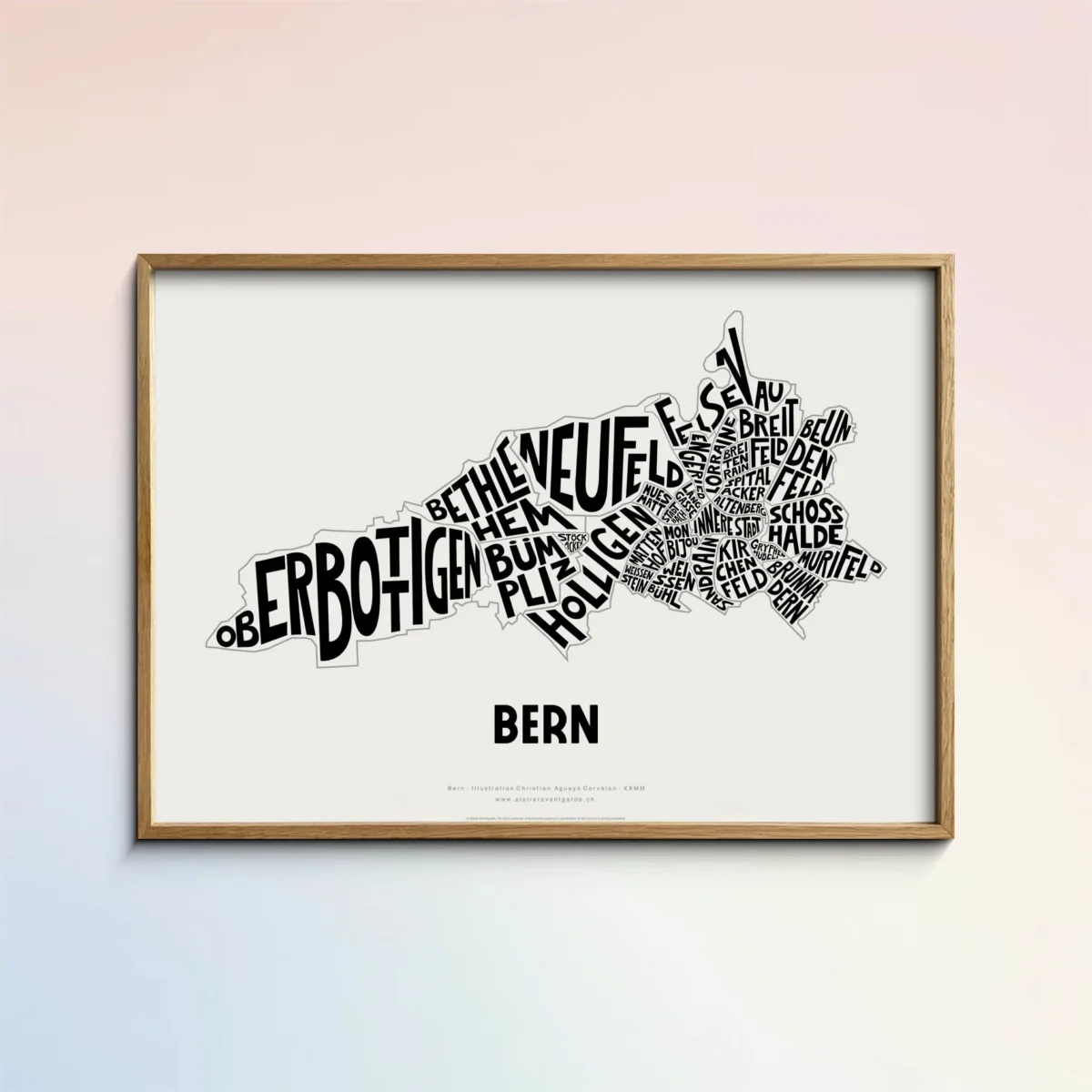 Typographic Illustration of the City of Bern. Handdrawn and printed in high quality paper.
