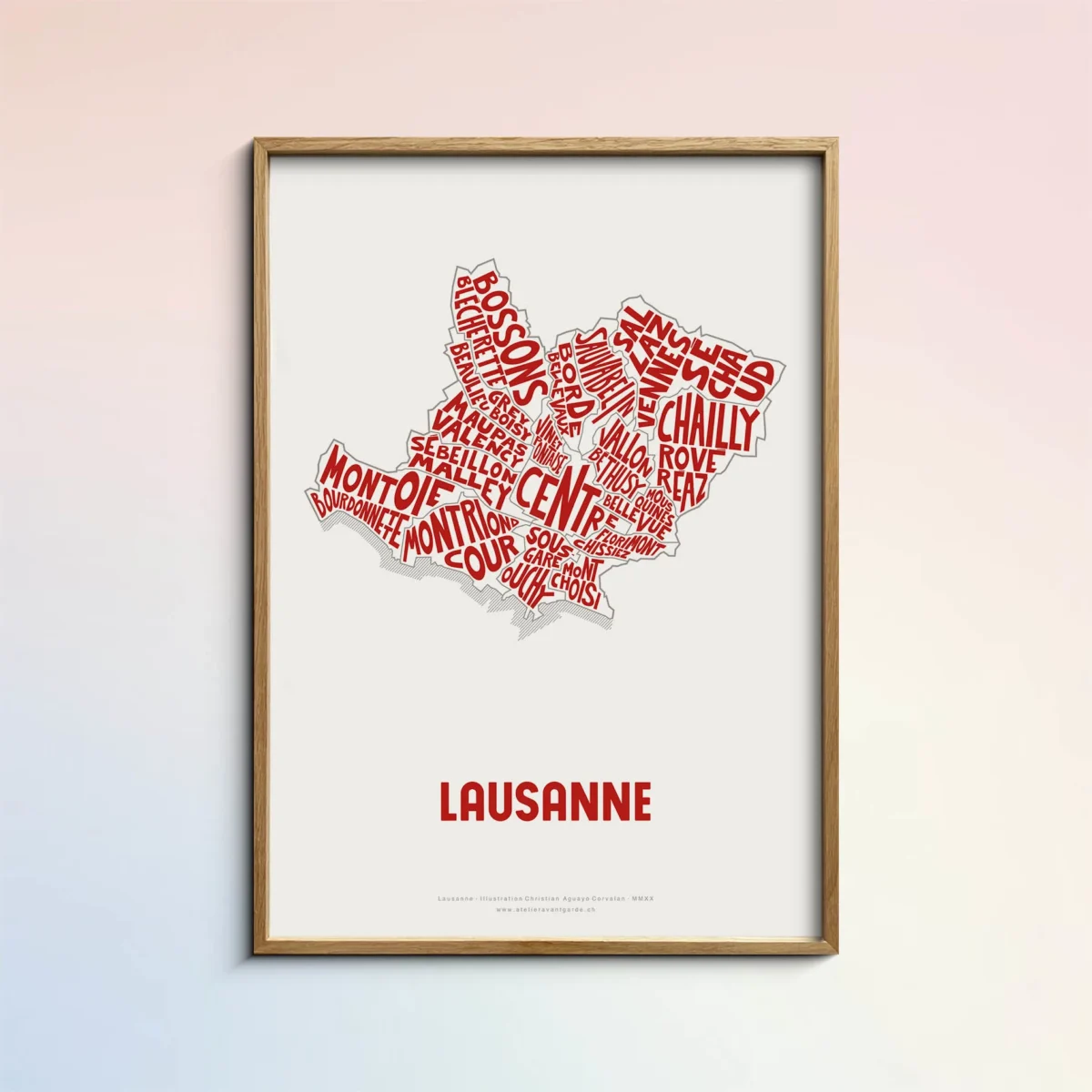 Typographic Illustration of the City of Lausanne. Handdrawn and printed in high quality paper.