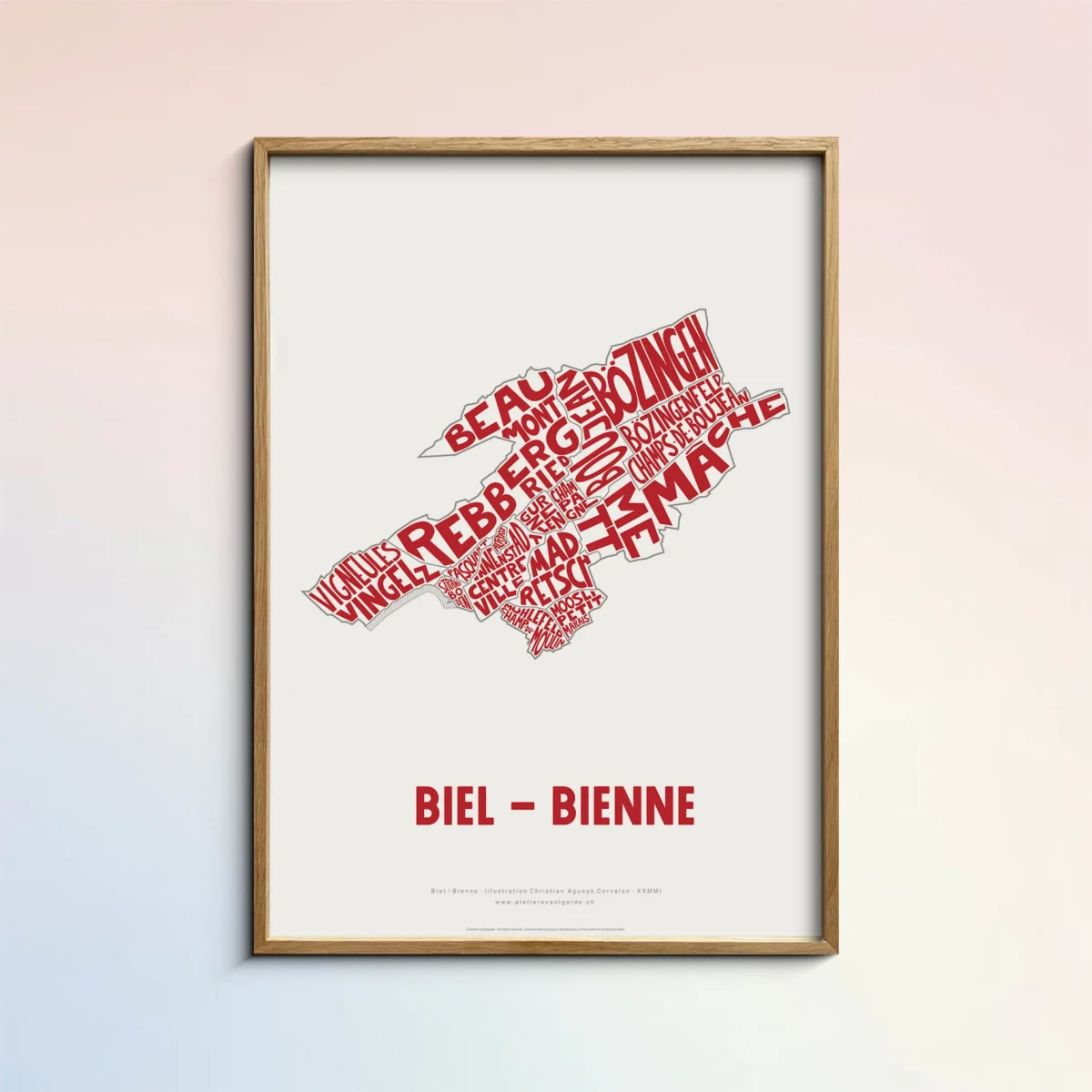 Typographic Illustration of Biel-Bienne. Hand-drawn and printed on high-quality paper