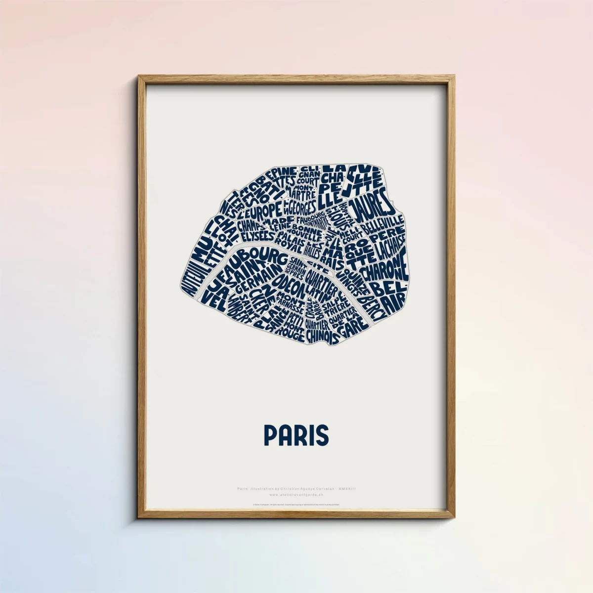 Typographic Illustration of Paris. Hand-drawn and printed on high-quality paper