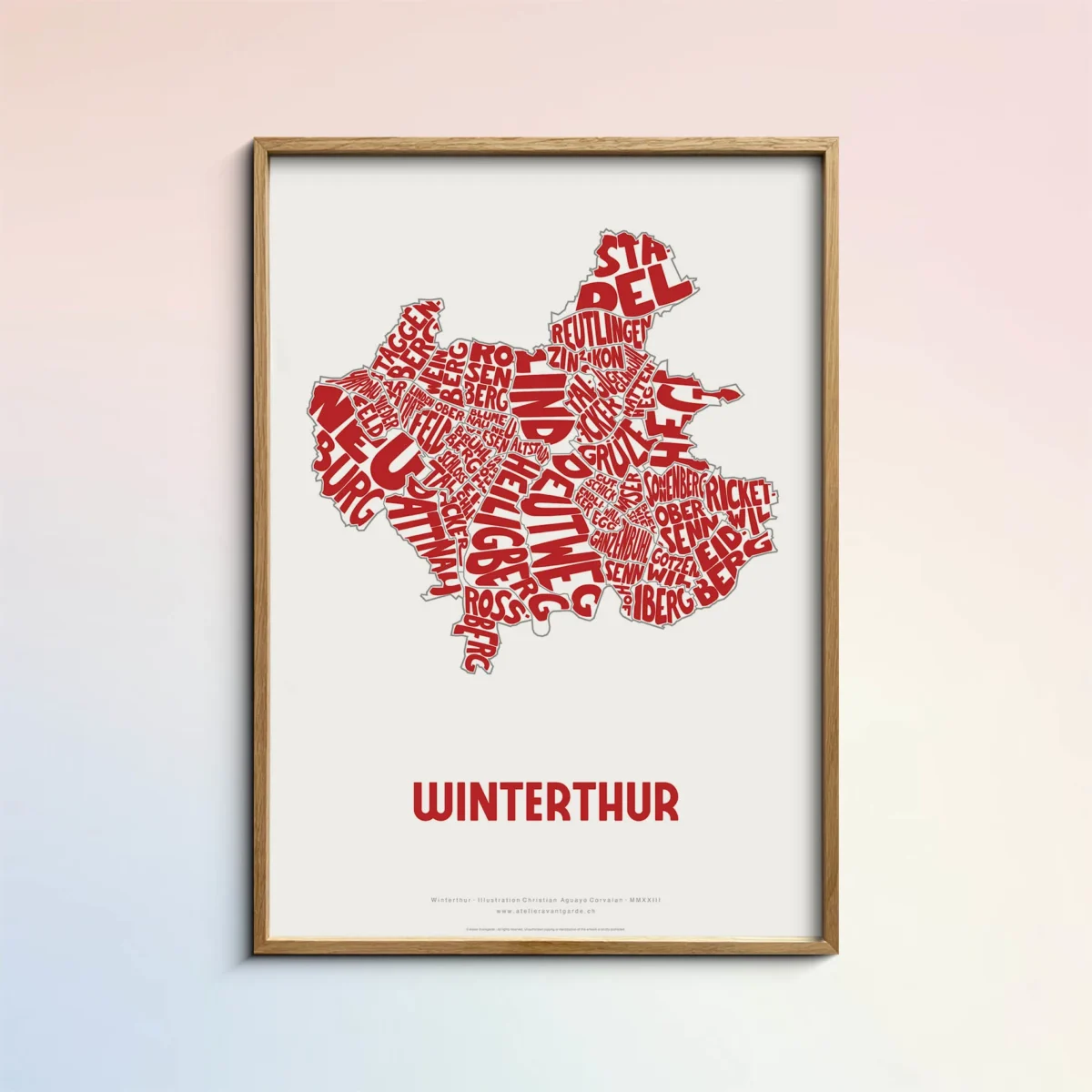 Typographic Illustration of Winterthur. Hand-drawn and printed on high-quality paper