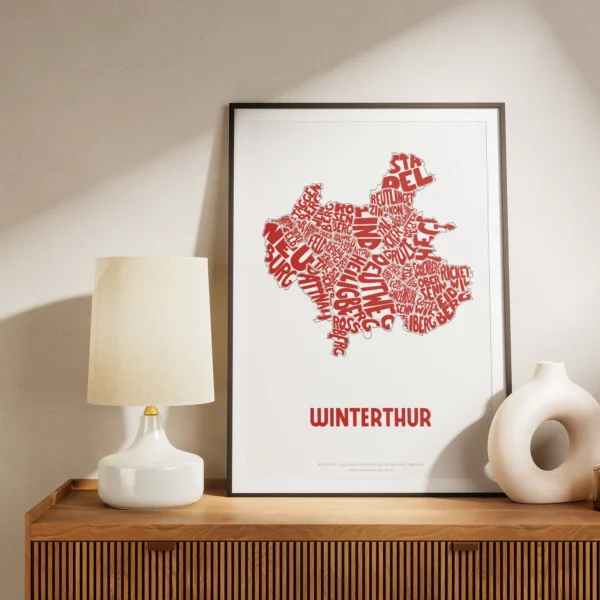 Typographic Illustration of Winterthur. Hand-drawn and printed on high-quality paper