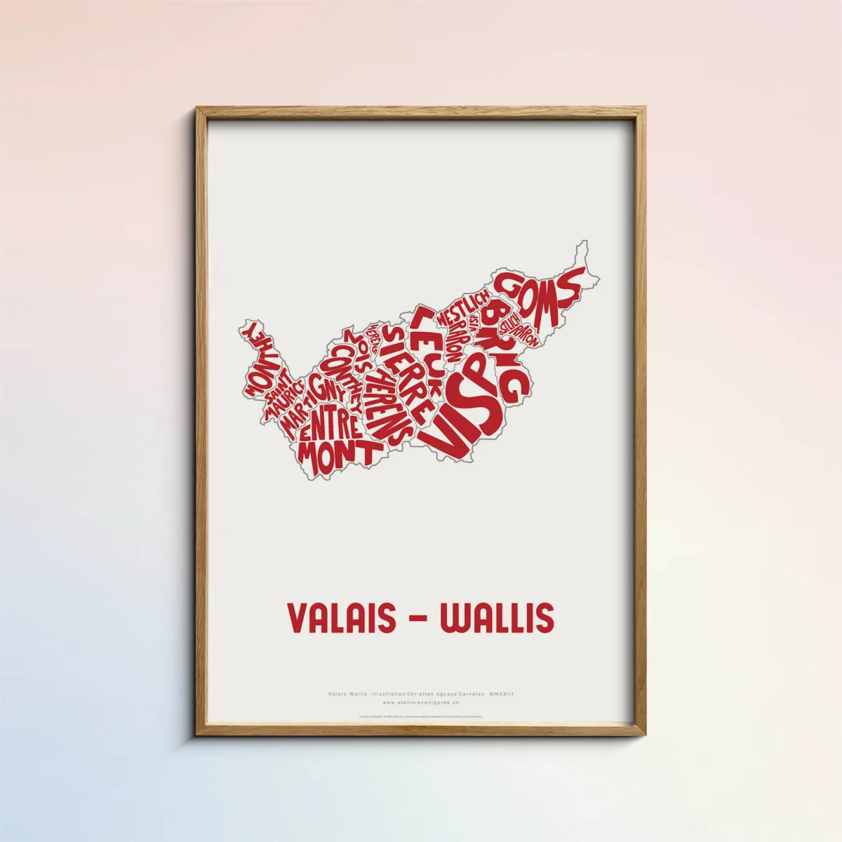 Typographic Illustration of Wallis - Valais. Handdrawn and printed in high quality paper.