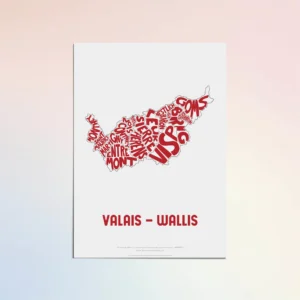 Typographic Illustration of Wallis - Valais. Handdrawn and printed in high quality paper.