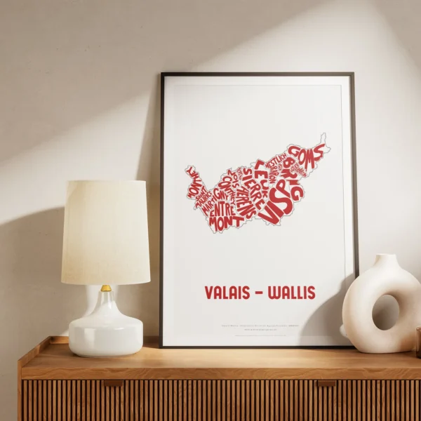 Typographic Illustration of Wallis - Valais. Handdrawn and printed in high quality paper.