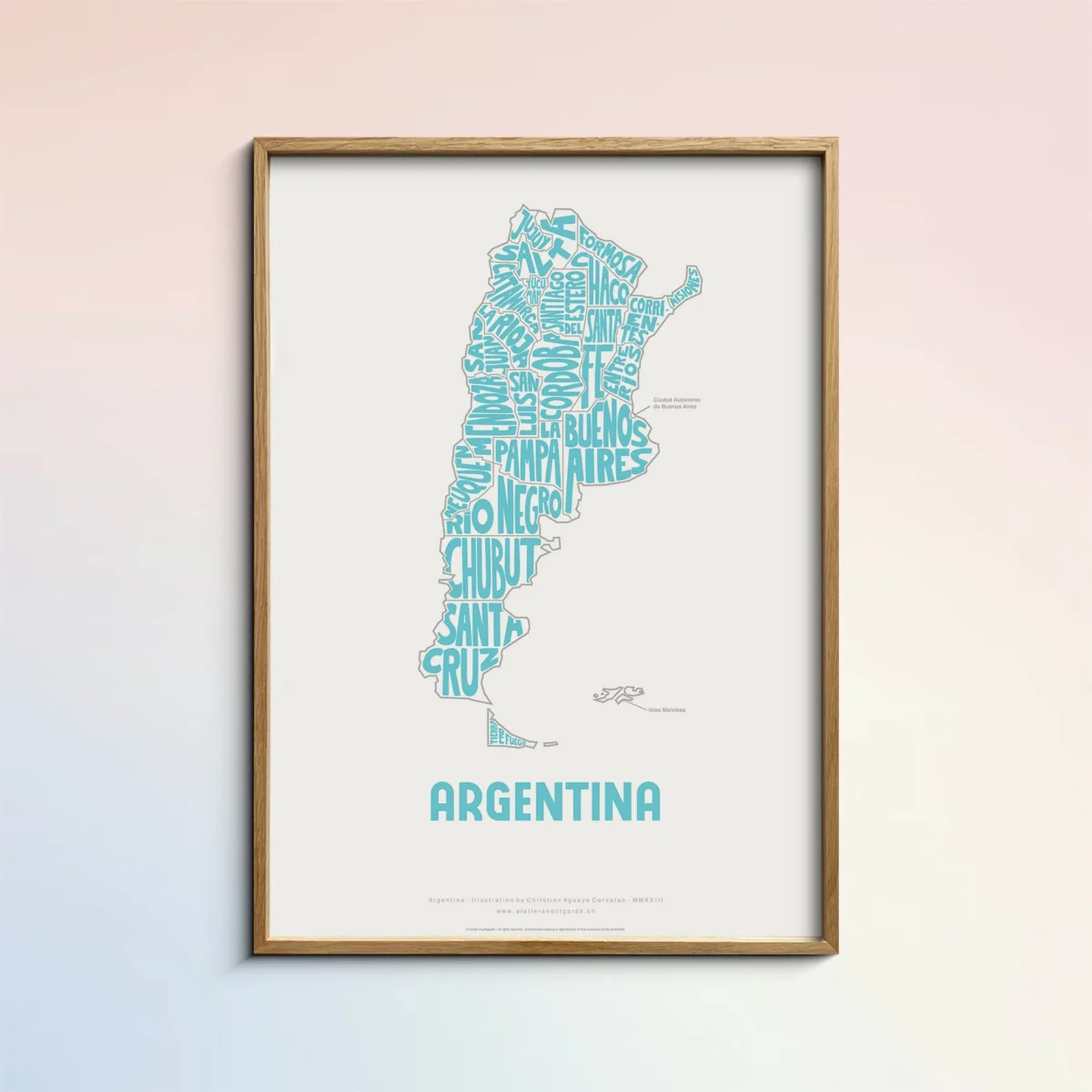 Typographic Illustration of Argentina. Hand-drawn and printed on high-quality paper
