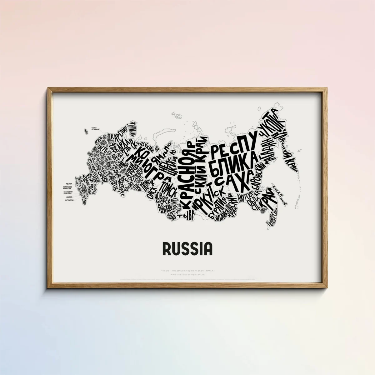 Typographic Illustration of Russia. Hand-drawn and printed on high-quality paper