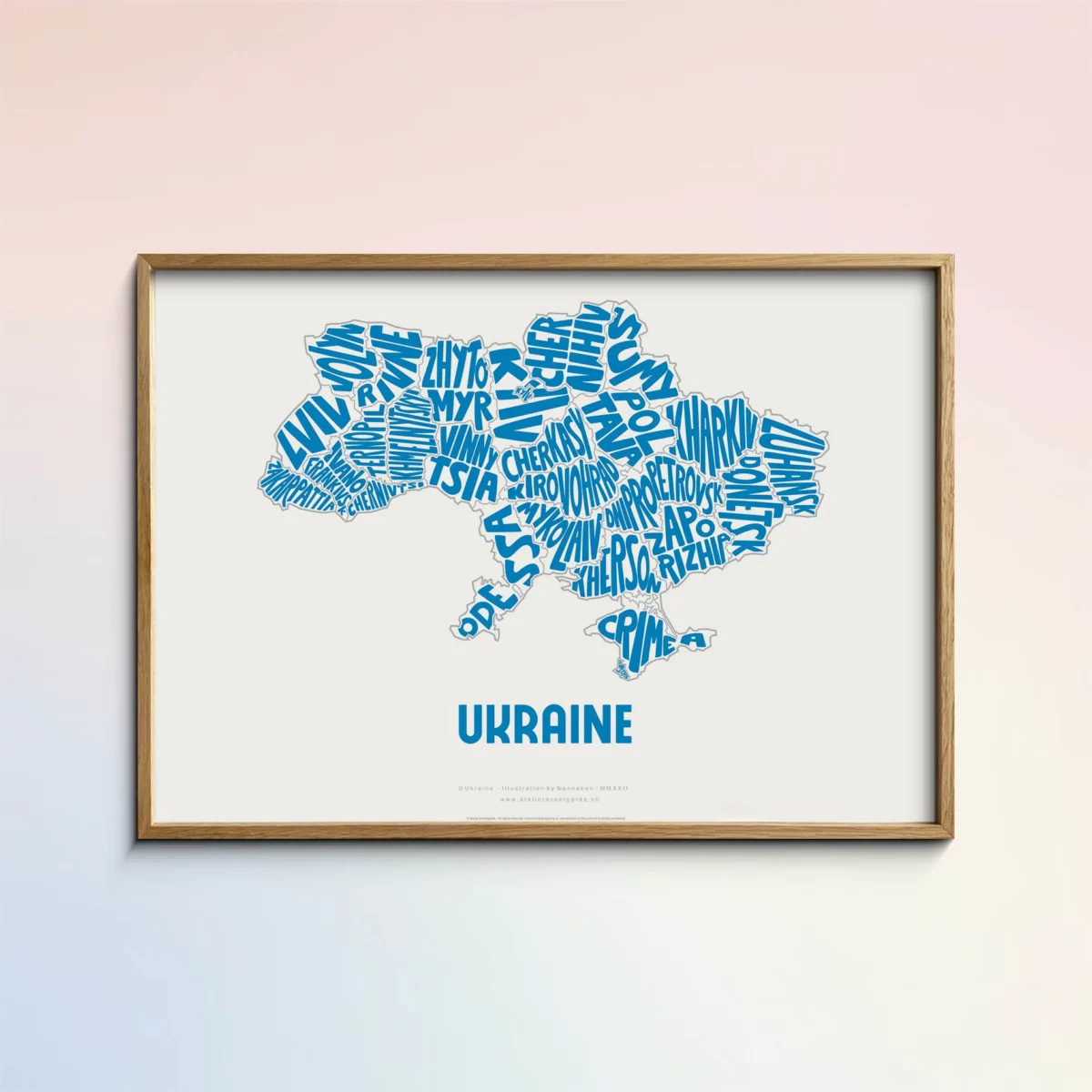 Typographic Illustration of the Ukraine. Hand-drawn and printed on high-quality paper