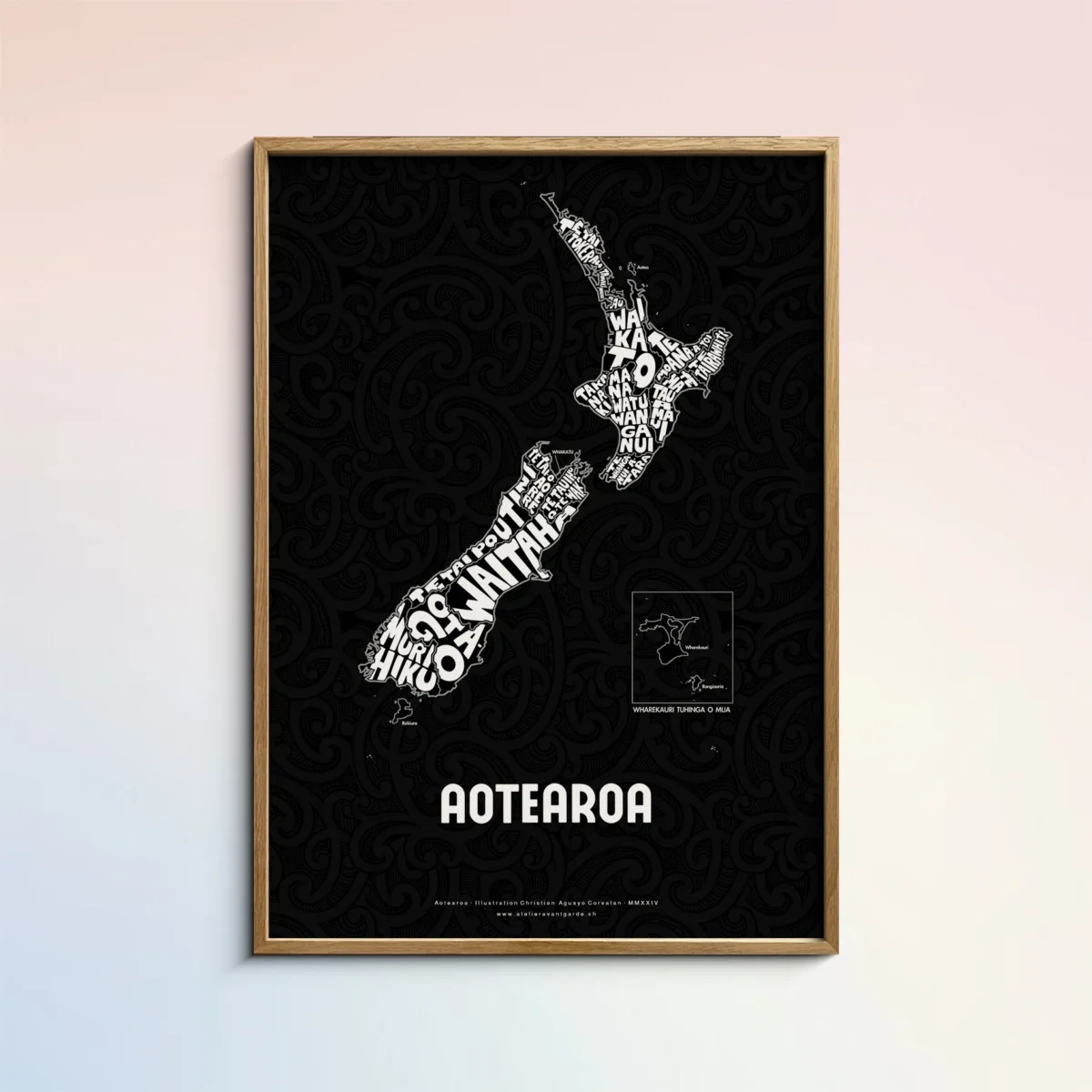 Typographic Illustration of New Zealand. Hand-drawn and printed on high-quality paper