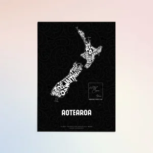 Typographic Illustration of New Zealand. Hand-drawn and printed on high-quality paper