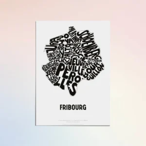 Typographic Illustration of Fribourg. Hand-drawn and printed on high-quality paper