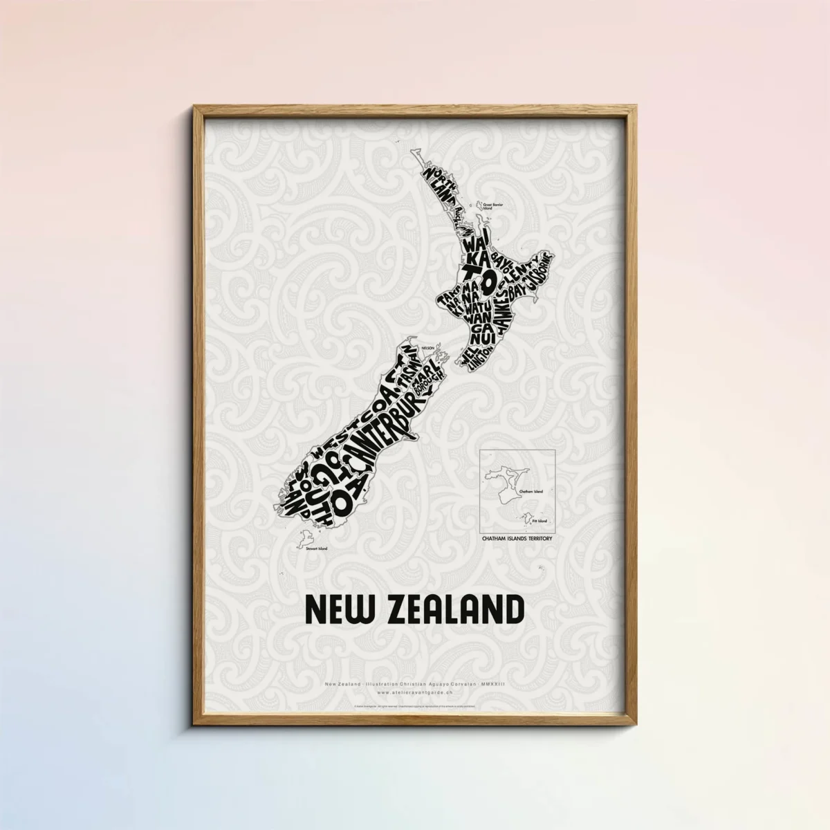 Typographic Illustration of New Zealand. Hand-drawn and printed on high-quality paper