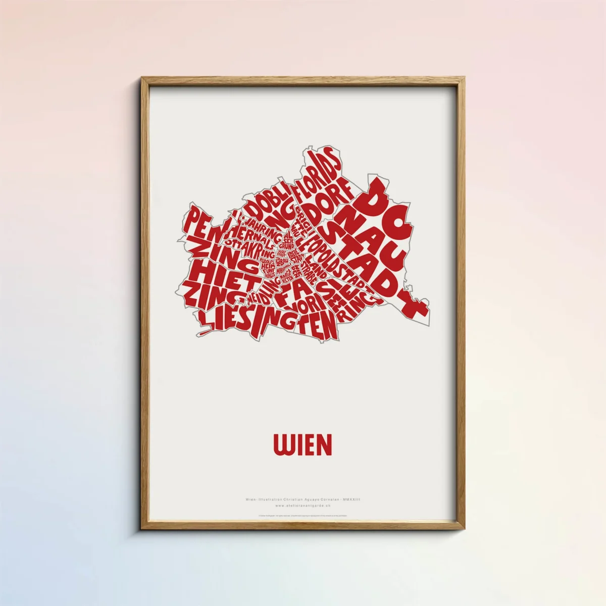 Typographic Illustration of Wien. Hand-drawn and printed on high-quality paper