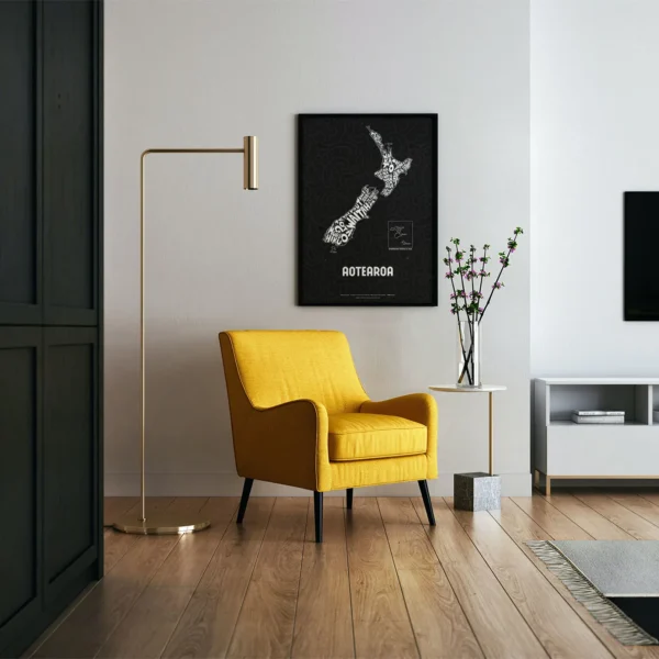 Typographic Illustration of New Zealand. Hand-drawn and printed on high-quality paper