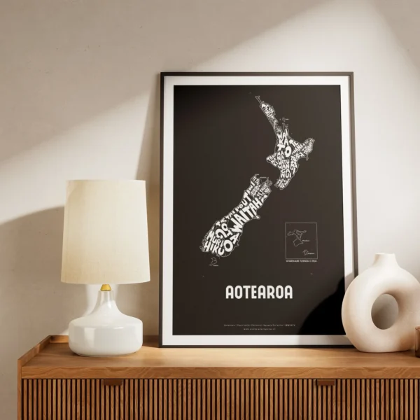 Typographic Illustration of New Zealand. Hand-drawn and printed on high-quality paper