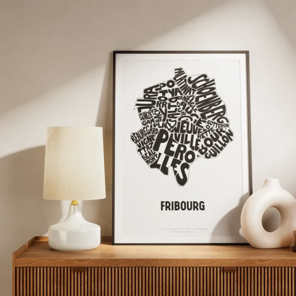 Typographic Illustration of Fribourg. Hand-drawn and printed on high-quality paper