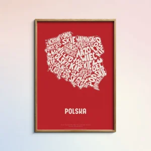 Typographic Illustration of Poland (white on red). Hand-drawn and printed on high-quality paper