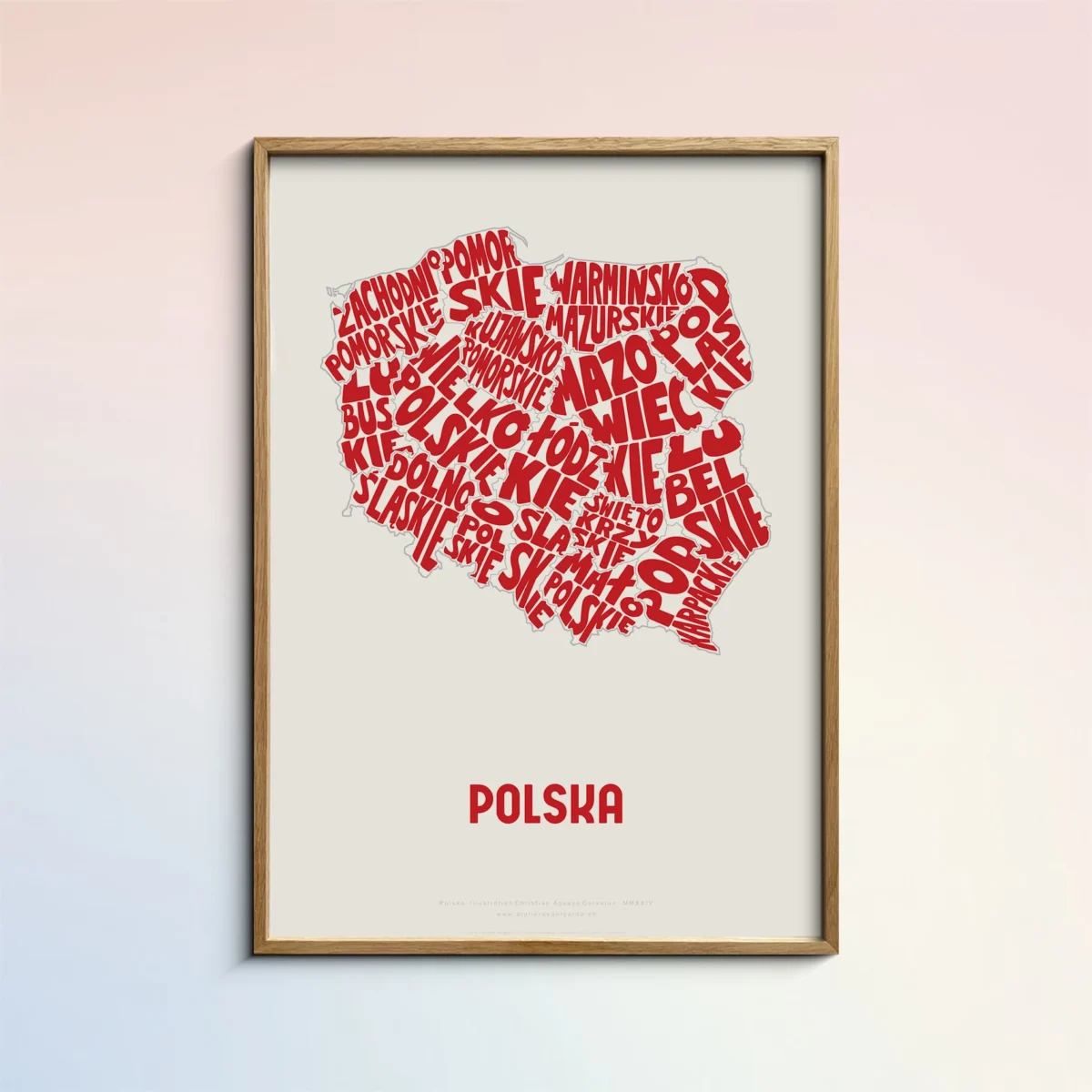 Typographic Illustration of Poland (red on white). Hand-drawn and printed on high-quality paper