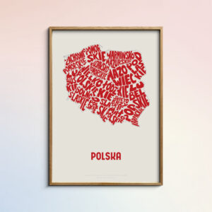 Map of Poland with regional typography design, red text on a white background, available as a framed or unframed art print.