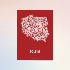 Typographic Illustration of Poland (white on red). Hand-drawn and printed on high-quality paper