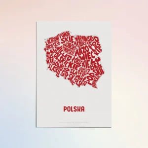 Typographic Illustration of Poland (red on white). Hand-drawn and printed on high-quality paper