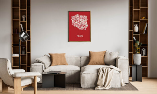 Map of Poland with regional typography design, red text on a white background, available as a framed or unframed art print.