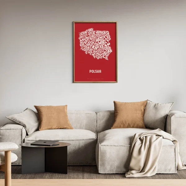 Typographic Illustration of Poland (white on red). Hand-drawn and printed on high-quality paper