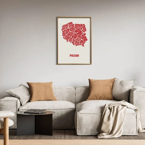 Typographic Illustration of Poland (red on white). Hand-drawn and printed on high-quality paper