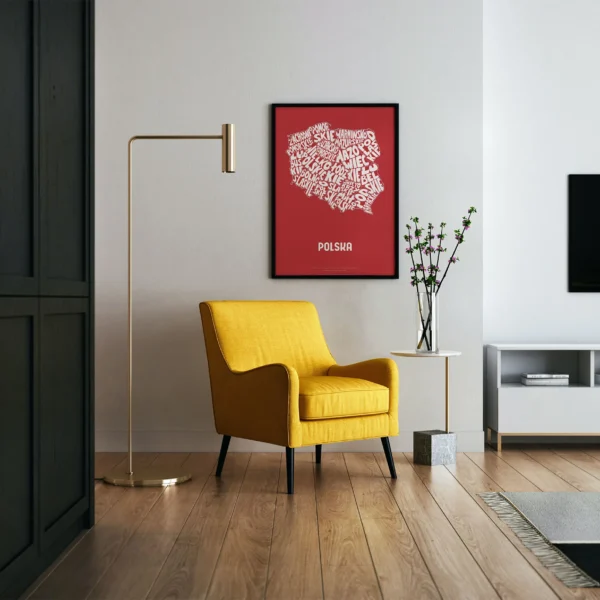 Typographic Illustration of Poland (white on red). Hand-drawn and printed on high-quality paper