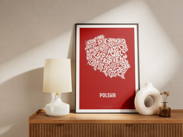 Map of Poland with regional typography design, red text on a white background, available as a framed or unframed art print.