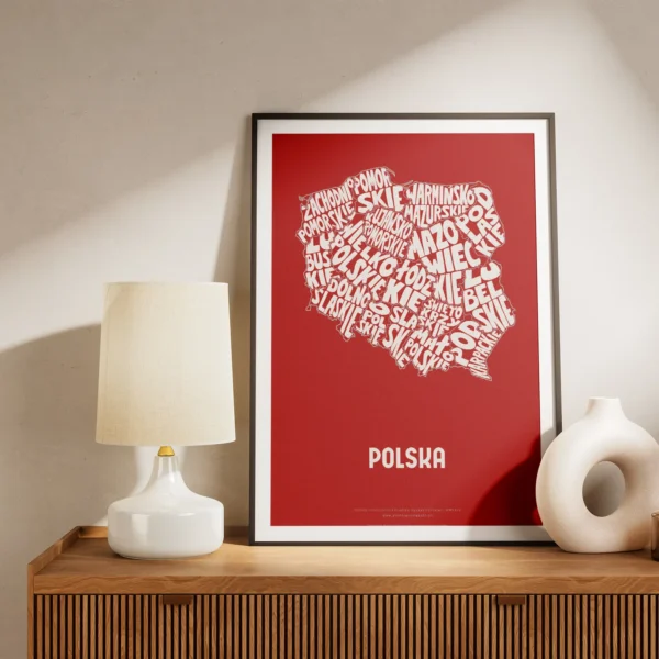 Typographic Illustration of Poland (white on red). Hand-drawn and printed on high-quality paper