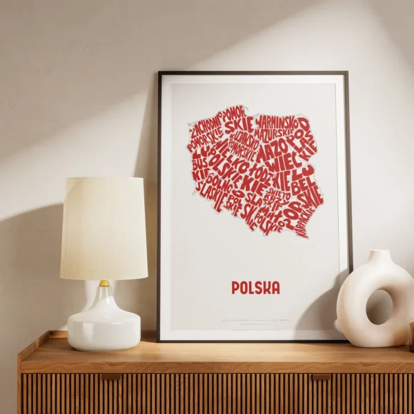 Typographic Illustration of Poland (red on white). Hand-drawn and printed on high-quality paper
