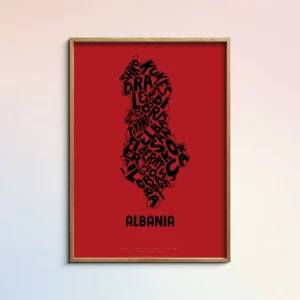 Typographic Illustration of Albania (black on red). Hand-drawn and printed on high-quality paper