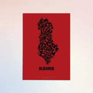 Typographic Illustration of Albania (black on red). Hand-drawn and printed on high-quality paper