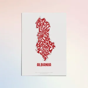 Typographic Illustration of Albania (red on white). Hand-drawn and printed on high-quality paper