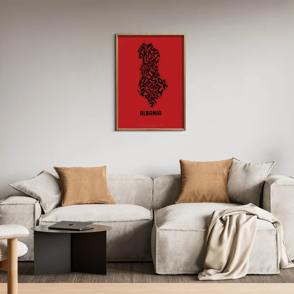 Typographic Illustration of Albania (black on red). Hand-drawn and printed on high-quality paper