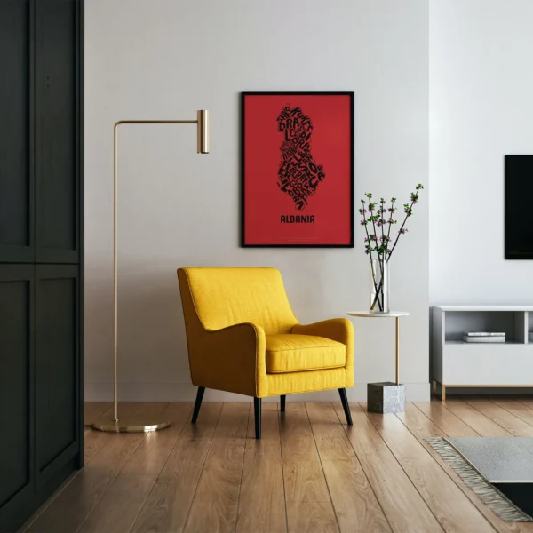 Typographic Illustration of Albania (black on red). Hand-drawn and printed on high-quality paper