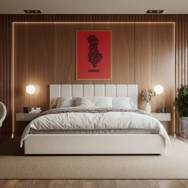 Typographic Illustration of Albania (black on red). Hand-drawn and printed on high-quality paper