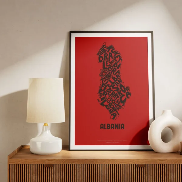 Typographic Illustration of Albania (black on red). Hand-drawn and printed on high-quality paper