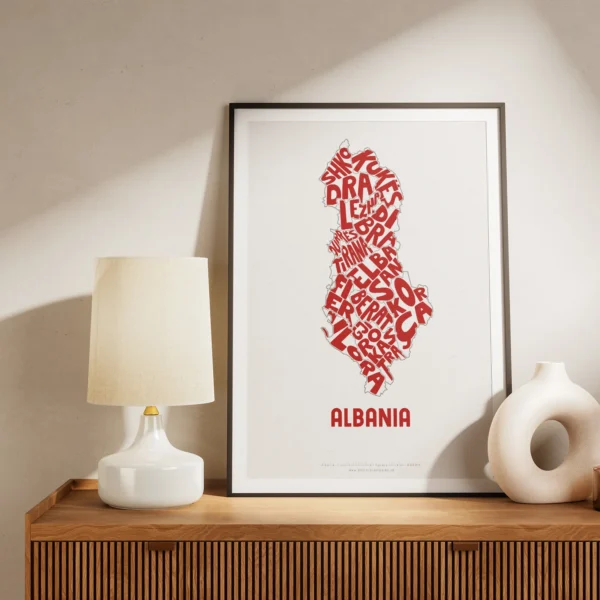 Typographic Illustration of Albania (red on white). Hand-drawn and printed on high-quality paper
