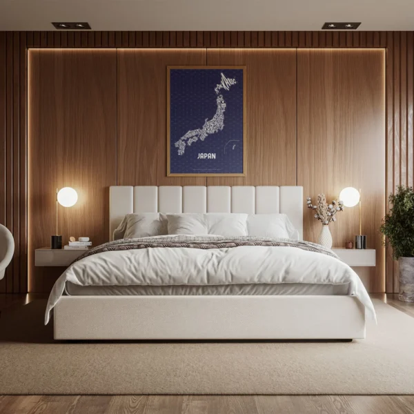 Typographic Illustration of Japan (white on blue). Hand-drawn and printed on high-quality paper