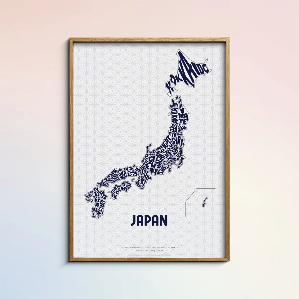 Typographic Illustration of Japan (blue on white). Hand-drawn and printed on high-quality paper