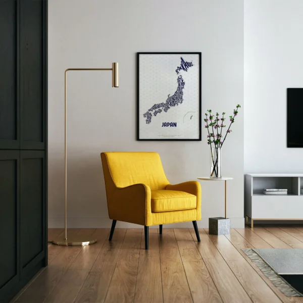 Typographic Illustration of Japan (blue on white). Hand-drawn and printed on high-quality paper