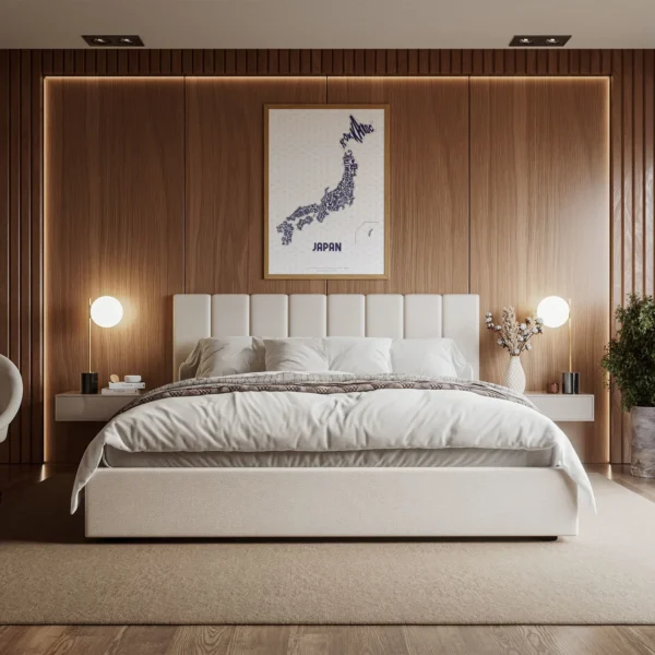 Typographic Illustration of Japan (blue on white). Hand-drawn and printed on high-quality paper