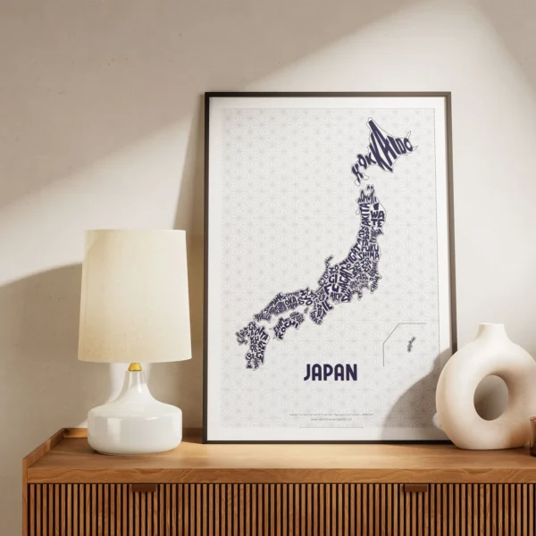 Typographic Illustration of Japan (blue on white). Hand-drawn and printed on high-quality paper