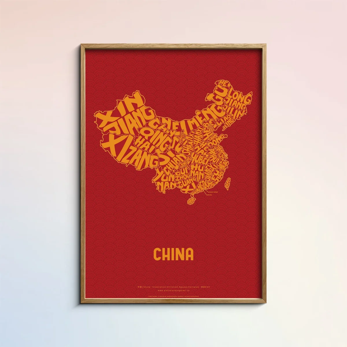 Typographic Illustration of China (yellow on red). Hand-drawn and printed on high-quality paper
