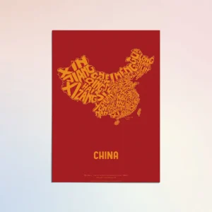 Typographic Illustration of China (yellow on red). Hand-drawn and printed on high-quality paper