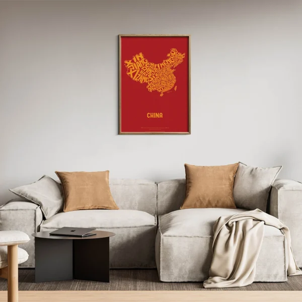 Typographic Illustration of China (yellow on red). Hand-drawn and printed on high-quality paper
