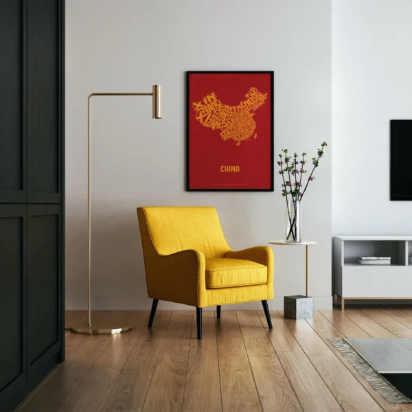 Typographic Illustration of China (yellow on red). Hand-drawn and printed on high-quality paper