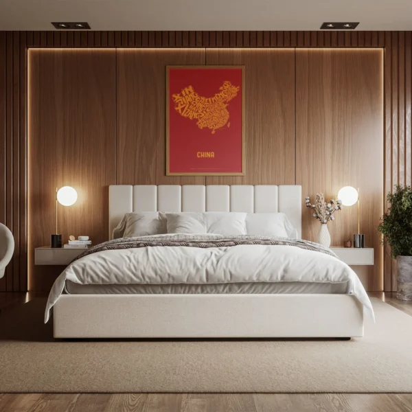 Typographic Illustration of China (yellow on red). Hand-drawn and printed on high-quality paper